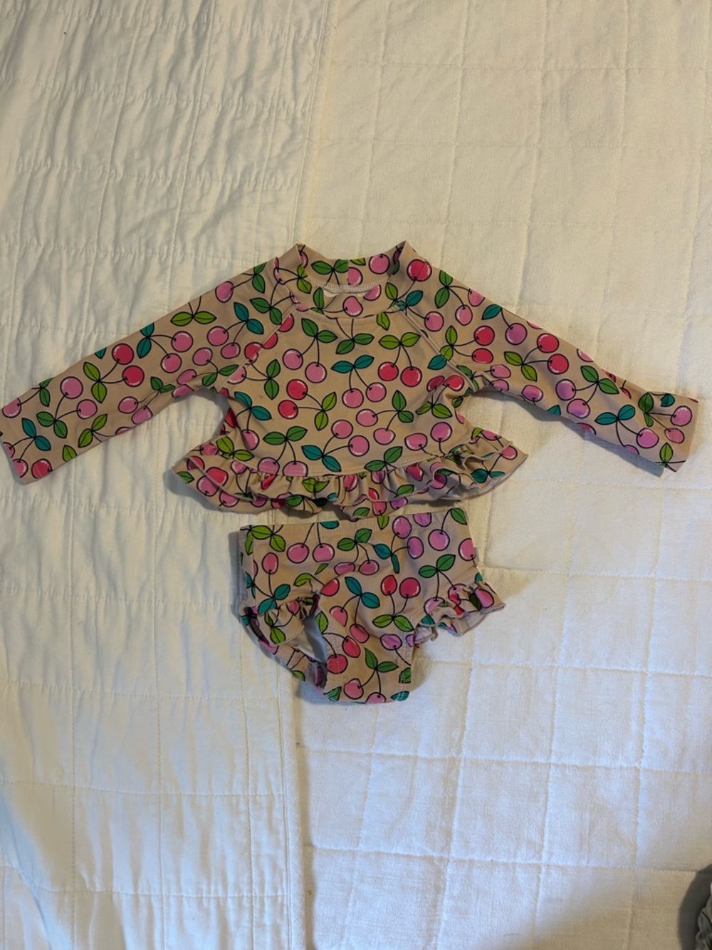 Posh Peanut Pink Cherry Print Ruffle Rash Guard Set